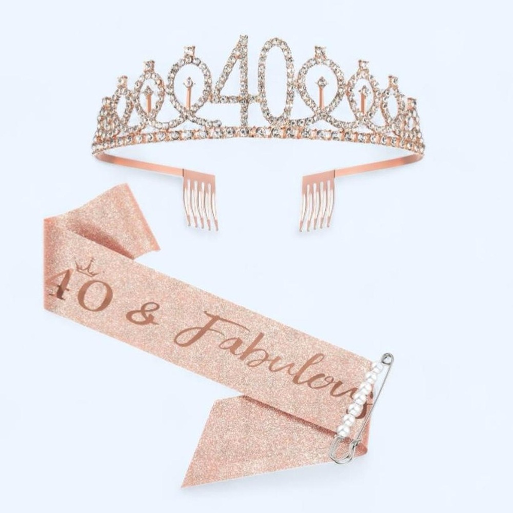 40th Birthday Rose Gold Diamond Tiara Sparkle Sash “40 & Fabulous” Glasses Set